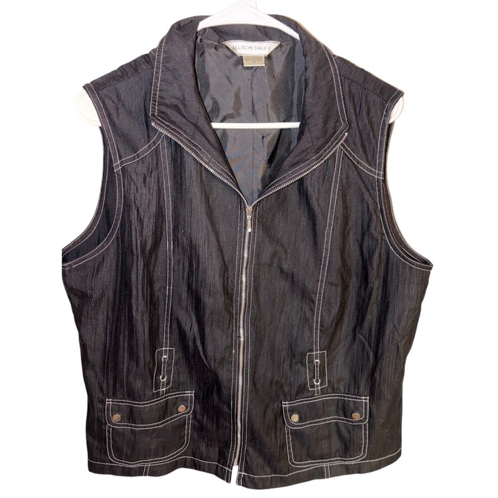 Allison Daley Womens Black Zip Up Vest White Contrast Stitch Pockets Size 14